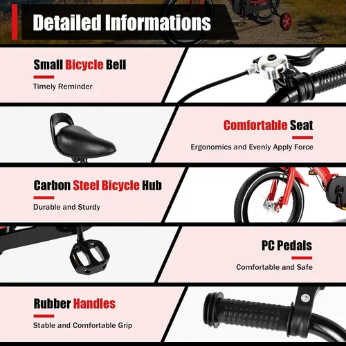 Vista 7 de Bicicleta de montaña roja de 14 pulgadas para niños, con altura ajustable, bicicleta para niños de 2 a 4 años, bicicletas para niños y niñas