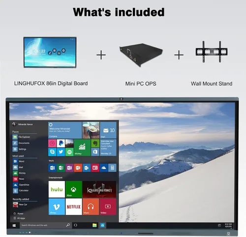 Vista 11 de Tablero inteligente, pantalla táctil 4K de 86 pulgadas, pizarra interactiva, cámara AI integrada y 8 micrófonos, computadora todo en uno con Windows