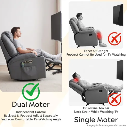 Vista 5 de Dual-Motor Power Swivel Rocker Recliner Chair with Heat & Massage Light Gray