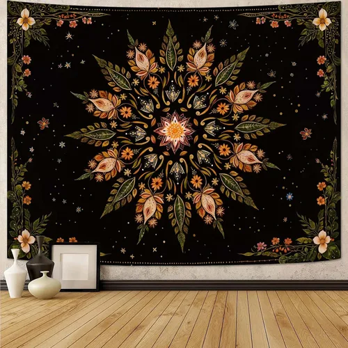 Vista 39 de Fowocu Tapiz bohemio con mandala floral para colgar en la pared, medallón de flores bohemias, tapiz estético, beige, naranja, hippie, indio, pequeño