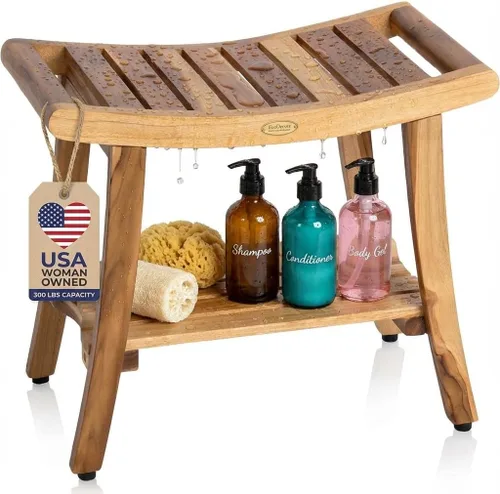 Vista 10 de EcoDecors Banco de teca para ducha de 18 pulgadas, banco de ducha de madera de teca impermeable, asiento de baño con estante, capacidad de 300