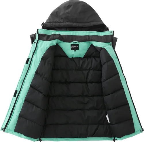 Vista 2 de Spmor Chaqueta de esquí impermeable con capucha para mujer, abrigo de snowboard cálido para invierno