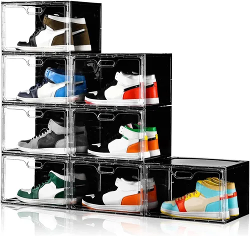 Vista 11 de Amllas Paquete de 8 cajas de zapatos de plástico negro apilables, organizador de almacenamiento de zapatos grande, contenedores de zapatos