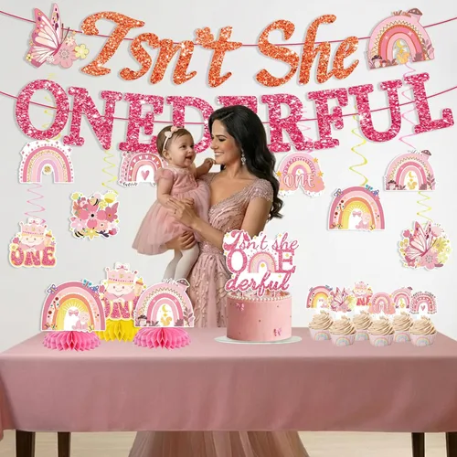 Vista 5 de 35 decoraciones de cumpleaños con texto en inglés "Isn't She Onederful", decoraciones de primer cumpleaños para niñas, fácil instalación, incluye