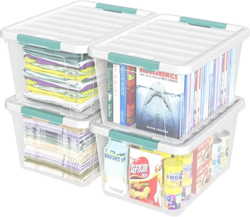 Vista 9 de Readsky Paquete de 4 cajas de plástico transparente de almacenamiento de 14 cuartos de galón con tapa y asa, organizadores apilables para el hogar