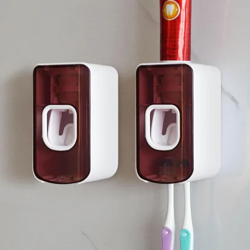 Vista 15 de Soporte de plástico para cepillos de dientes de 2 ranuras y dispensador de pasta de dientes montado en la pared, exprimidor automático de pasta