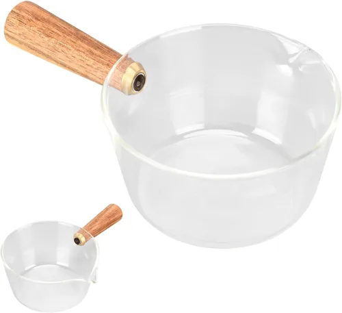 Vista 7 de Sartén para leche, olla de leche de vidrio con mango de madera antiadherente, con boquilla en forma de V, cacerola para cocinar, accesorios