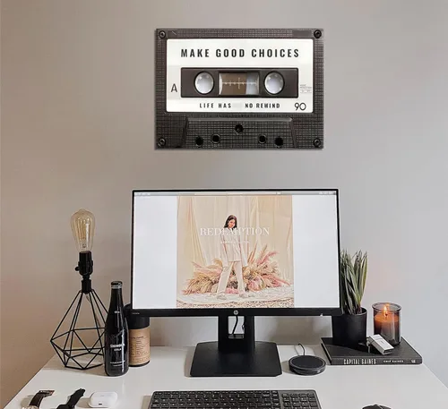 Vista 6 de Lienzo inspirador para la oficina, cuadro vintage de cinta de cassett, impresiones "Make Good Choices Life Has No Rewind", arte inspirador