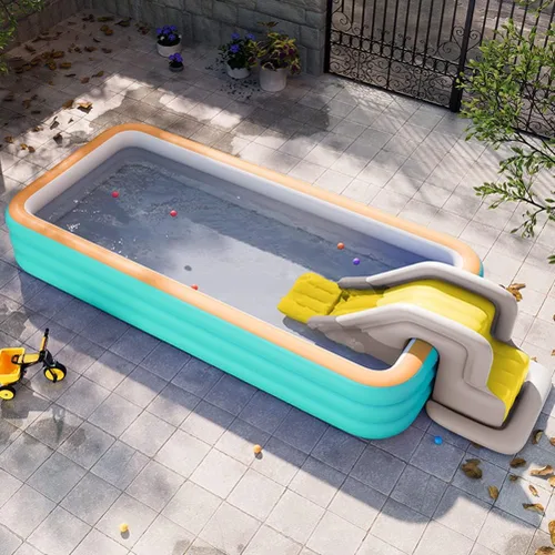 Vista 8 de Tobogán acuático inflable, lado extendido y base ampliada, pared de escalada compacta con soporte de baloncesto, diversión de verano al aire libre