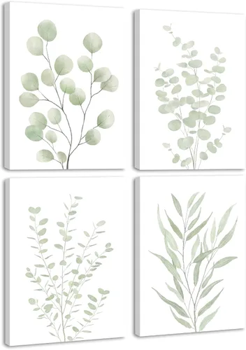 Vista 13 de KUVIOKE Arte botánico enmarcado bohemio para pared de plantas de baño, decoración de pared, impresiones de hojas de eucalipto verde salvia, estética