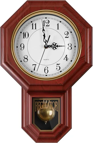Vista 9 de Reloj de pared de péndulo que funciona con pilas, reloj regulador de plástico de imitación de madera con péndulo, relojes de pared decorativos