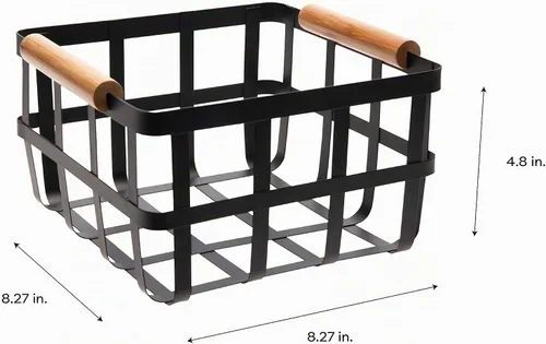 Vista 4 de Simplify Cesta de almacenamiento cuadrada de metal con asas de bambú Mediana Cesta de alambre estilo granja Organizador para el hogar Negro