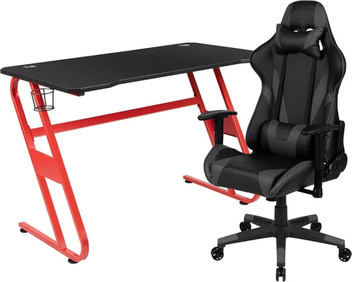 Vista 44 de Flash Furniture Juego de escritorio para juegos negro y silla de carreras blanco/negro con soporte para tazas, gancho para auriculares y soporte
