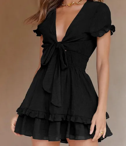 Vista 3 de PRETTYGARDEN - Mini vestido de verano con vuelo para mujer Vestido corto acampanado con cuello en V y manga corta con volantes en la parte delantera