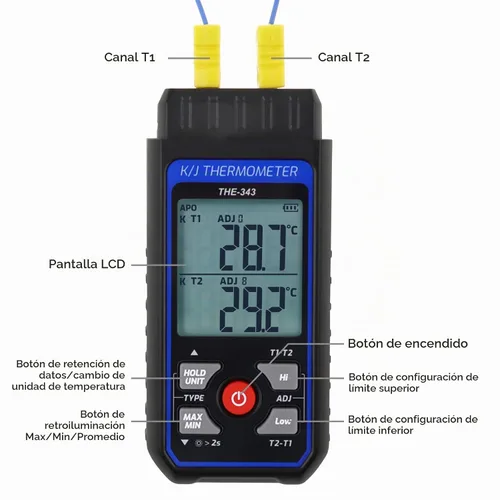 Vista 6 de Termómetro de Termopar Termómetro Digital Tipo K con 4 Termocuplas, Rango de Medición -328~2500℉ Medidor de Temperatura HVAC de Doble Canal
