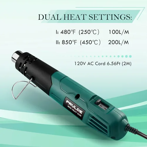 Vista 2 de PRULDE - Mini pistola de calor para manualidades, 2 ajustes de temperatura, 480 ℉ y 850 ℉ pistola de calor rápido con cable UL de 6.6 pies/boquilla