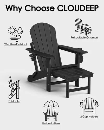 Vista 4 de Silla Adirondack plegable con reposapiés extraíble para patio al Negro