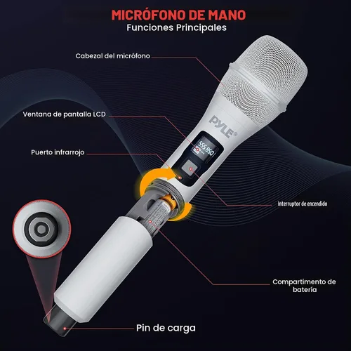 Vista 3 de Pyle Sistema de micrófono inalámbrico UHF - Receptor Bluetooth con 2 micrófonos de mano recargables, baterías de 1200 mAh, sonido claro