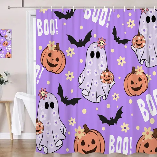 Vista 14 de Halloween Haunted Graveyard Shower Curtains, Horror Forest Shower Curtain for Bathroom, Scary Pumpkin Lantern Tombstone Skull Fabric Waterproof