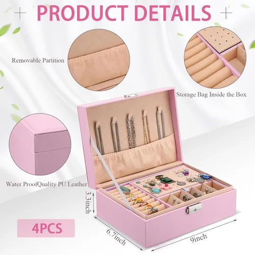 Vista 2 de Equsion Caja organizadora de joyas de 2 capas para mujeres y niñas, bandeja organizadora de joyas, forro de piel sintética, con cerradura, caja