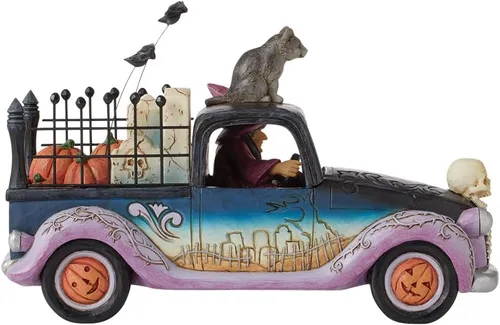 Vista 6 de Enesco Jim Shore Heartwood Creek - Figura de camioneta con ruedas malvadas de Halloween, resina de piedra, hecha a mano, figuras de bruja