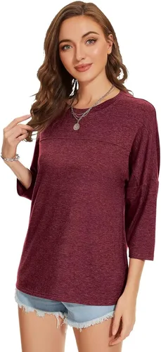 Vista 108 de ZENNILO Camisetas casuales de manga 3/4 para mujer, holgadas, cuello redondo, lindas camisetas básicas