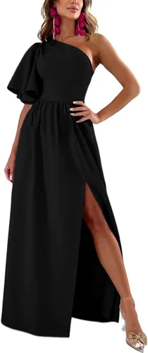 Vista 3 de Rooscier Vestido largo formal de manga corta con volantes y un hombro para mujer