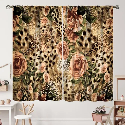 Vista 13 de Cortinas de leopardo con estampado de flores de guepardo y rosas de África, con bolsillo para cortinero, para dormitorio, sala de estar, decoración