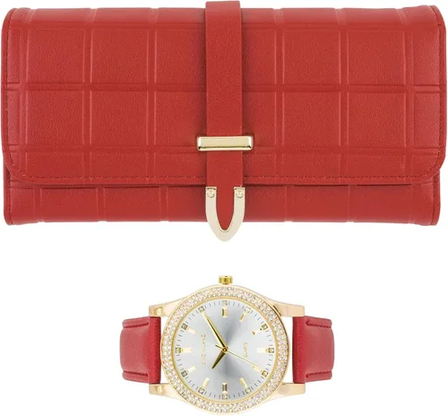 Vista 3 de Reloj de pulsera de cuero dorado para mujer y cartera de tres pliegues a juego 2-PACK ROJO - NEGRO