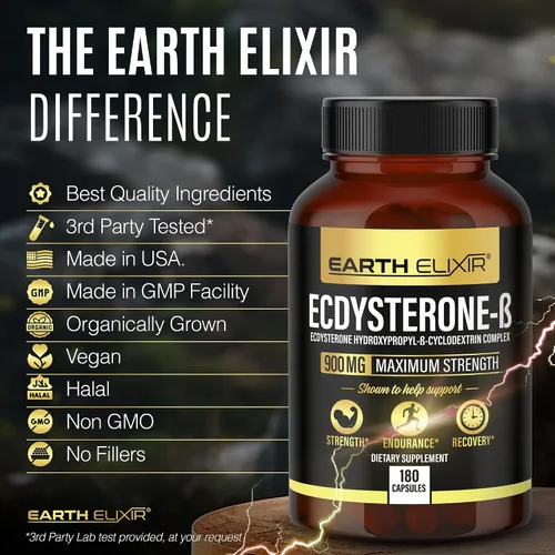Vista 5 de Earth Elixir Suplementos de Ecdysterone 900 mg (180 cápsulas) – Hecho en Estados Unidos – Suplementos de construcción muscular para hombres con 95%