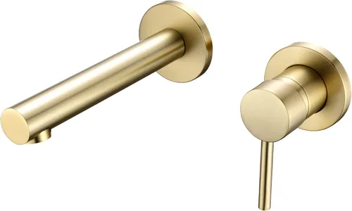 Vista 11 de SUMERAIN Grifo de lavabo de baño montado en la pared, acabado negro y dorado, grifo de lavabo con una sola manija y válvula áspera