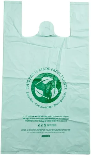 Vista 2 de Restaurantware -Bolsas de comestibles de tamaño 1/6, 100 bolsas de plástico duraderas - Asas de camiseta, bolsa de compras de plástico verde de alta