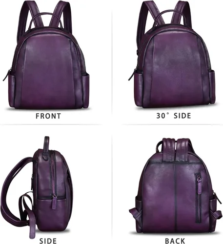 Vista 5 de IVTG Mochila de cuero genuino para mujer, mochila vintage a la moda, hecha a mano, casual, mochila de día, Púrpura, Mochilas Daypack