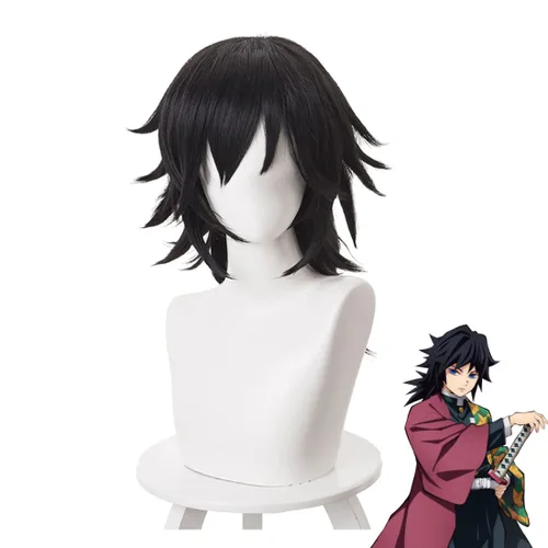 Vista 2 de Aadesso Anime Kimetsu no Yaiba Demon Slayer Cosplay Tomioka Giyuu peluca con gorra de peluca para hombres y mujeres