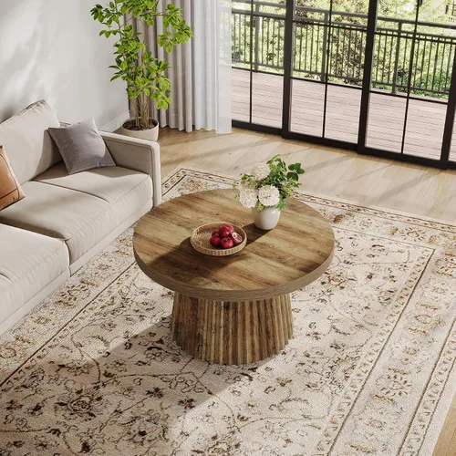 Vista 8 de Tribesigns - Mesa de café, mesa de café redonda pequeña de 31.5" de estilo granja con base de tambor estriada, mesa central de acento boho moderna