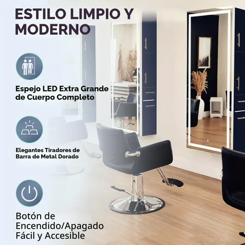 Vista 4 de Pibbs 9110 Lumina LED Salon Mirror Storage Server Gold Handle Negro