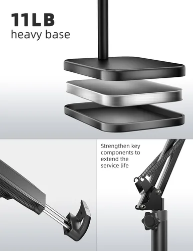 Vista 6 de BluuSuuk Soporte de suelo para tablet con base estable de 11 libras, soporte giratorio de brazo elástico de altura ajustable, compatible con iPad