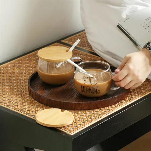 Vista 7 de TREEWOO Good MORNING - Taza transparente para café, postre, leche, té, yogur, juego de 2, vasos redondos de vidrio con asa con tapa de bambú