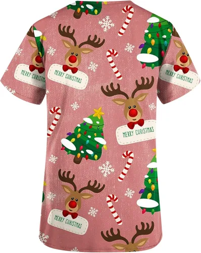 Vista 5 de Womens Merry Christmas Scrubs Fashion 2023 Christmas Apparel Stretchy Printed V-Neck Medical Scrub Tops Shirt Blouse