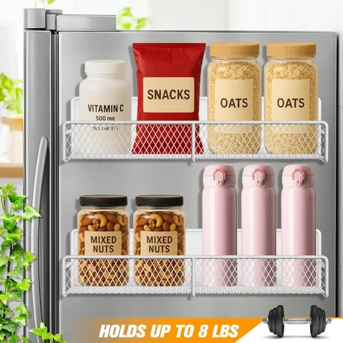 Vista 2 de Estante magnético para especias para refrigerador, paquete de 2 estantes magnéticos para refrigerador con 4 ganchos, estantes magnéticos negros
