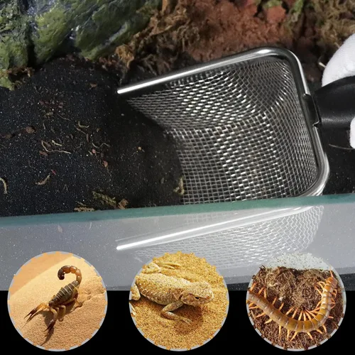 Vista 5 de Aiicioo Cuchara de arena de acero inoxidable para reptiles, tamiz de pala de metal, malla fina, limpiador de sustrato de terrario, tamiz de esquina