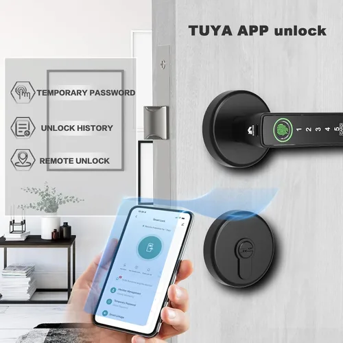 Vista 4 de Juego de cerradura inteligente para puerta, huella digital, código de acceso, tarjetas, control de aplicación, cerrojo de entrada sin llave con asa