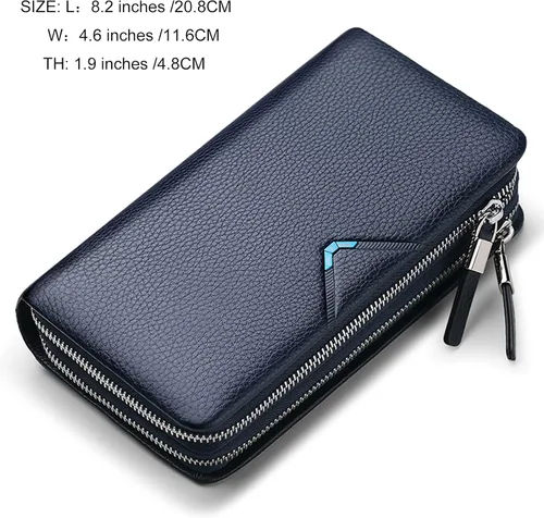 Vista 6 de Carteras de cuero para hombre con doble cremallera, Azul, Cartera de viaje