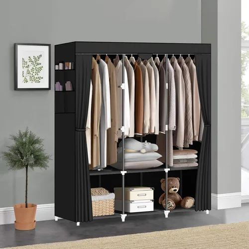 Vista 3 de LOKEME Armario portátil, armarios portátiles para colgar ropa con 3 varillas para colgar y 6 estantes de almacenamiento y 4 bolsillos laterales
