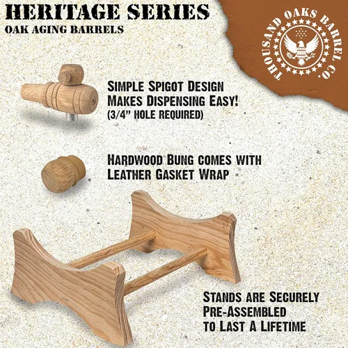 Vista 4 de Soporte de madera, 3/4" Bung and Spigot para barril de envejecimiento de roble de 2.5 galones (10 litros) - Heritage, soporte para barriles