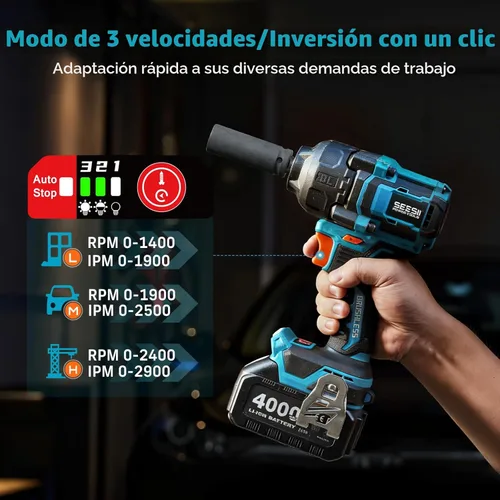 Vista 6 de Seesii Llave de impacto de 886 pies (1200 N.m), pistola de impacto de alto par 1/2 con batería de 21 V, 4000 mAh, destornillador de impacto
