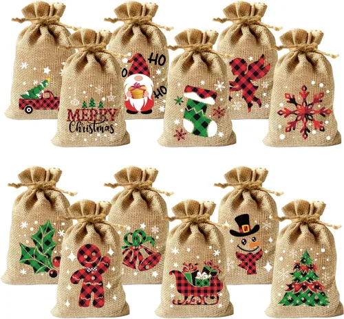 Vista 7 de CCINEE 36 pzas bolsas de lino navideñas con cordones, bolsas de regalo de arpillera navideña con cordones dobles de yute, 4 diseños: muñeco de 36