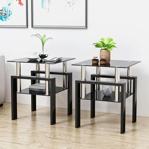Vista 10 de Mesa auxiliar moderna de vidrio templado, mesa de centro cuadrada para sala de estar, mesa de té de cristal, mesa auxiliar de sofá (negro, 1 unidad)