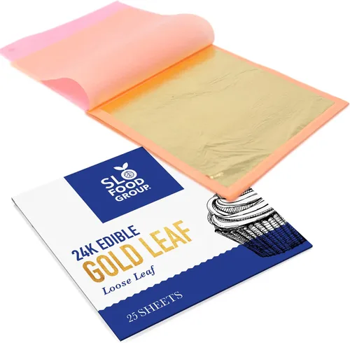 Vista 2 de Slofoodgroup Hoja de oro de 24 Karat Comestible (25 hojas por libro) 3.15x3.15 pulgadas