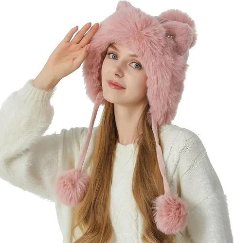 Vista 3 de HUAMULAN - Gorro de invierno para mujer estilo peruano con forro polar, solapas para orejas, doble capa, con pompones